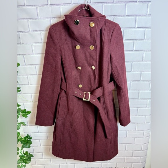 Guess Double-Breasted Belted Wool burgundy-wine  Coat - Women's/size S - Picture 1 of 11